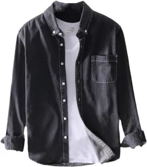 Cotton Denim Shirt Men Long Sleeve Washed Vintage Shirt for Man Spring Casual Blue Retro Plus Size
