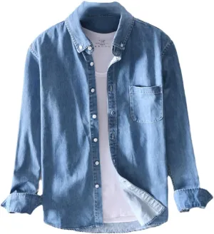 Cotton Denim Shirt Men Long Sleeve Washed Vintage Shirt for Man Spring Casual Blue Retro Plus Size