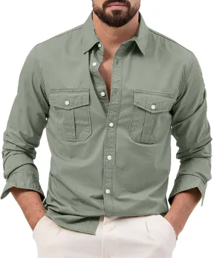 Cotton Flannel Shirt for Men, Casual Washed Shirt, Classic Western Shirt Snap Work Shirt Regular-Fit Woven Shirt