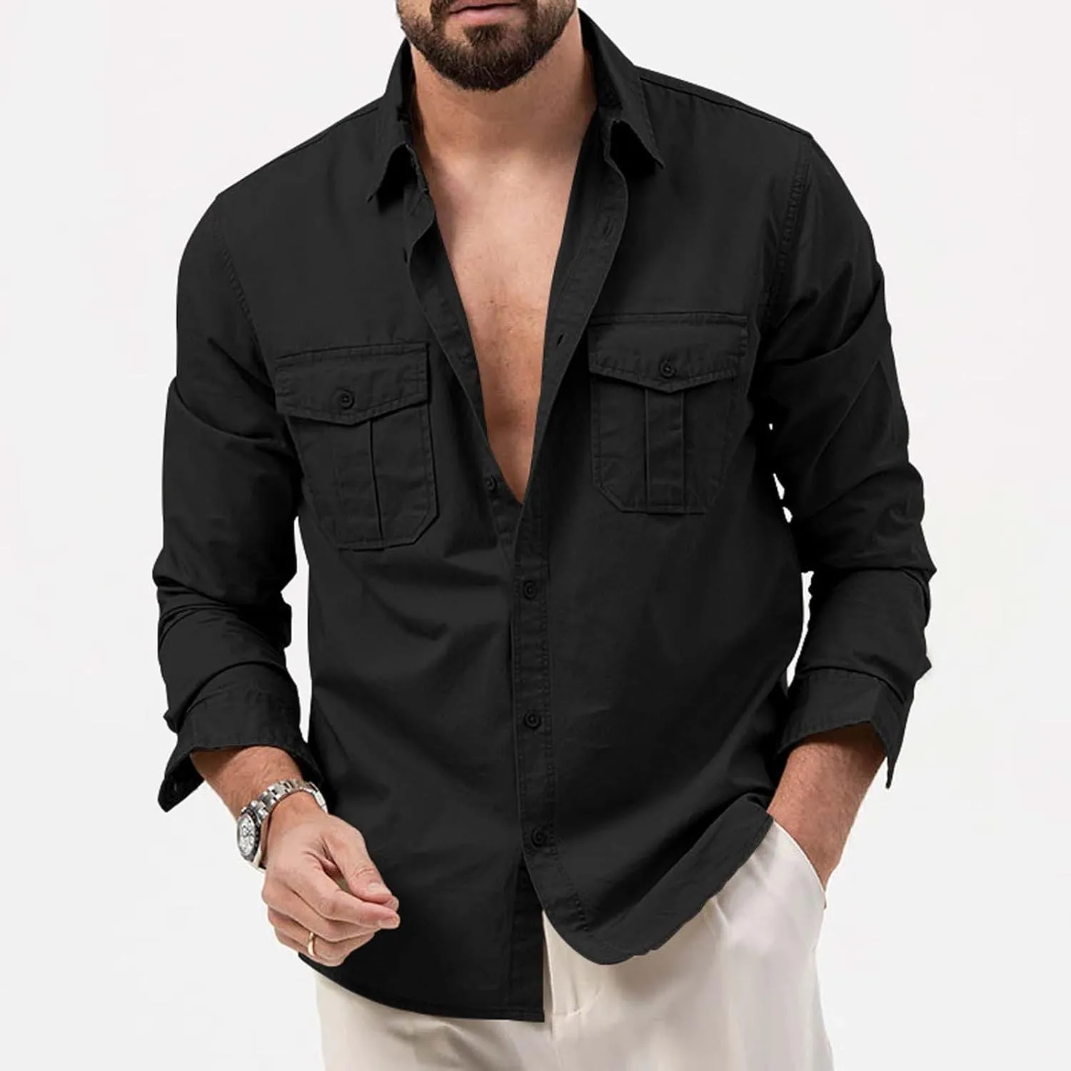 Cotton Flannel Shirt for Men, Casual Washed Shirt, Classic Western Shirt Snap Work Shirt Regular-Fit Woven Shirt