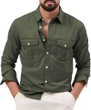 Cotton Flannel Shirt for Men, Casual Washed Shirt, Classic Western Shirt Snap Work Shirt Regular-Fit Woven Shirt