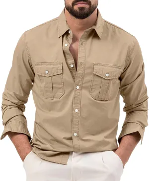Cotton Flannel Shirt for Men, Casual Washed Shirt, Classic Western Shirt Snap Work Shirt Regular-Fit Woven Shirt