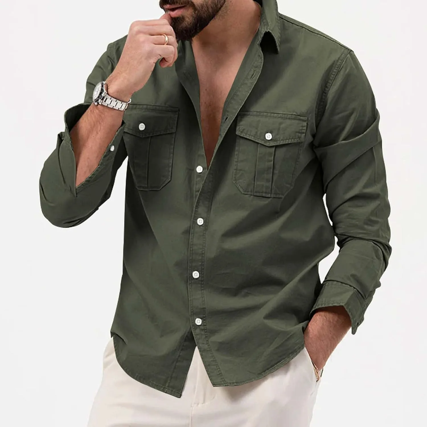 Cotton Flannel Shirt for Men, Casual Washed Shirt, Classic Western Shirt Snap Work Shirt Regular-Fit Woven Shirt