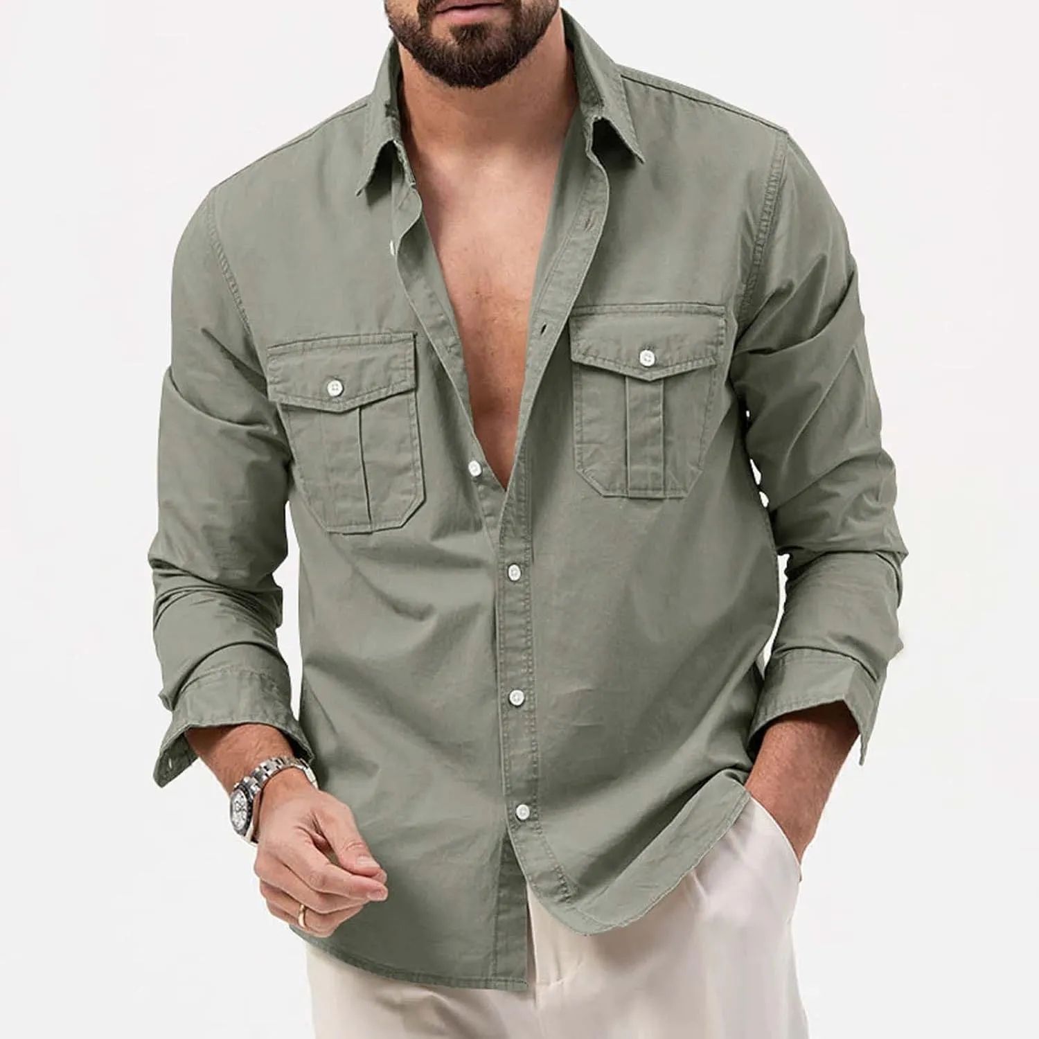Cotton Flannel Shirt for Men, Casual Washed Shirt, Classic Western Shirt Snap Work Shirt Regular-Fit Woven Shirt