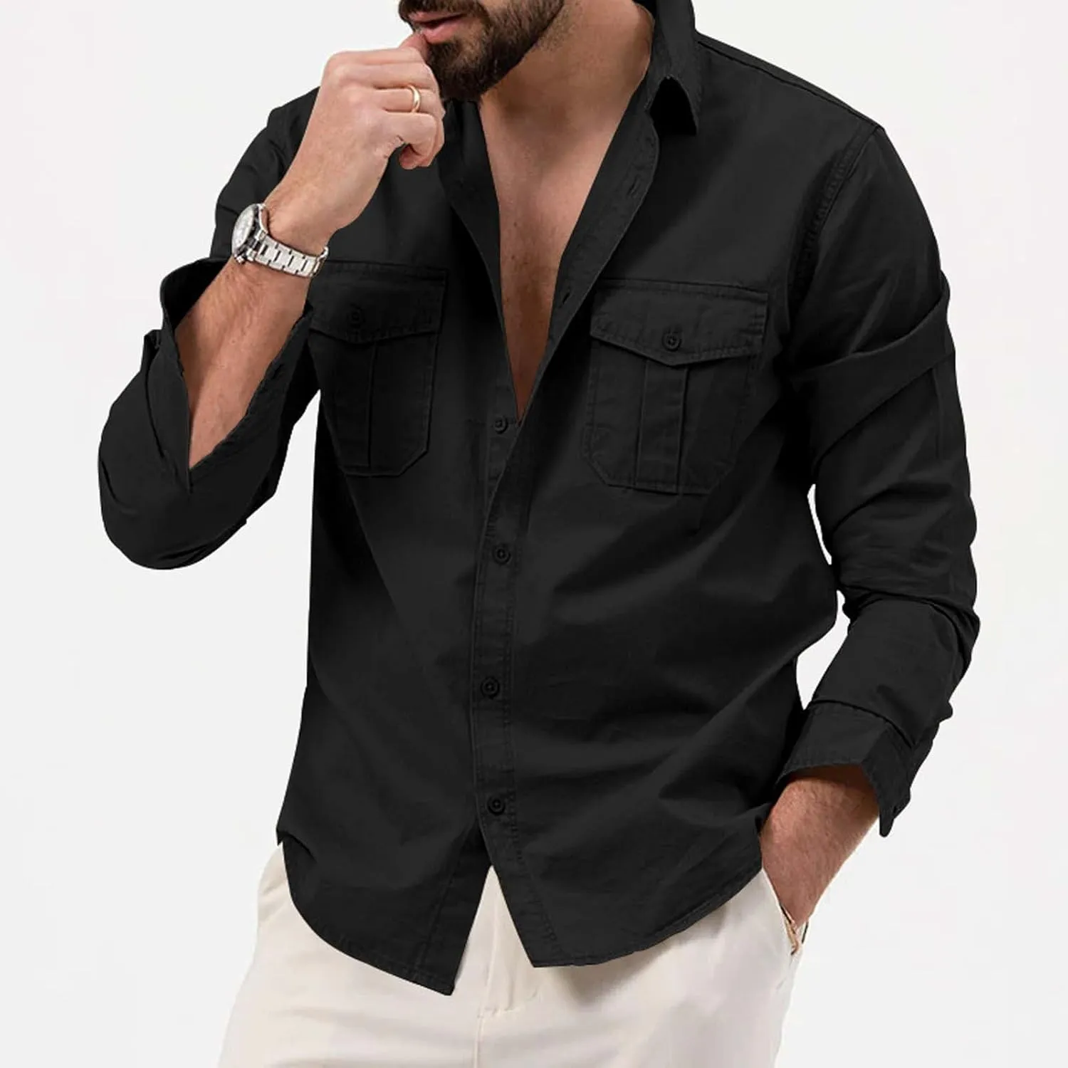 Cotton Flannel Shirt for Men, Casual Washed Shirt, Classic Western Shirt Snap Work Shirt Regular-Fit Woven Shirt