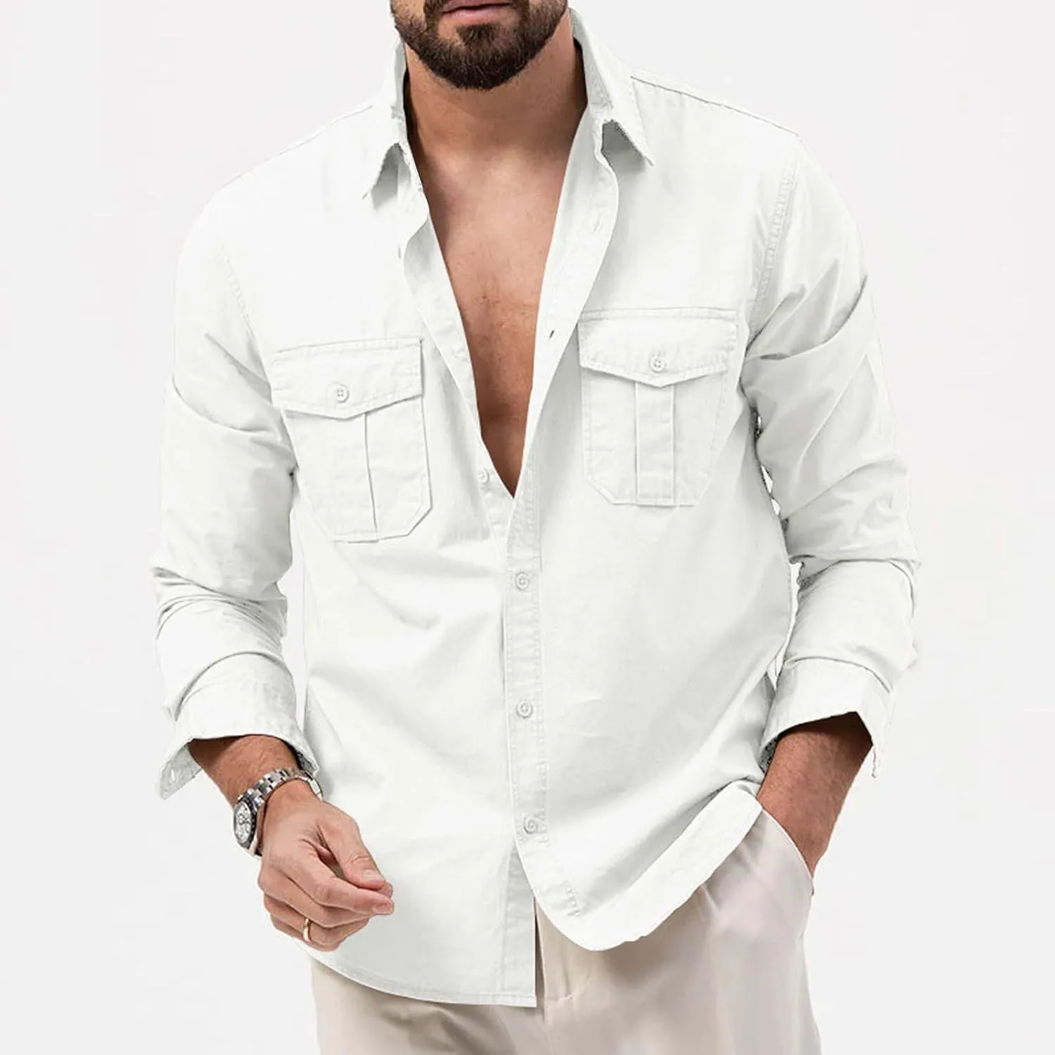Cotton Flannel Shirt for Men, Casual Washed Shirt, Classic Western Shirt Snap Work Shirt Regular-Fit Woven Shirt