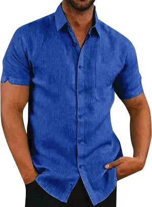 Cotton Lined Shirts for Men Short Sleeve Hawaiian Button Up T-Shirts Summer Solid Tee Shirt Beach Lapel Collared Tops