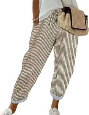 Cotton Linen Cropped Pants Women, Summer Flowy Drawstring 2025 High Waisted Trouser Business Wide Leg Outfits Slacks