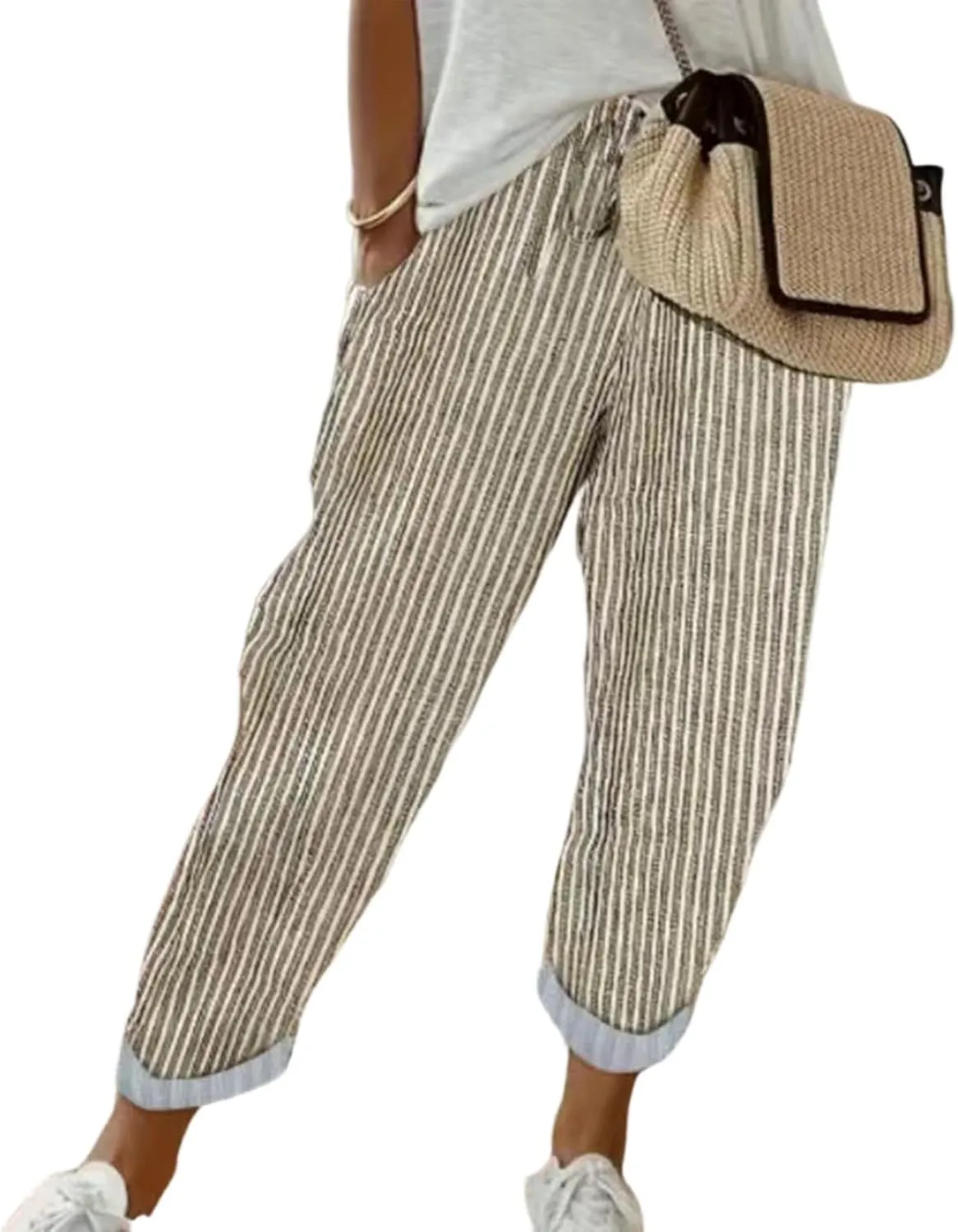 Cotton Linen Cropped Pants Women, Summer Flowy Drawstring 2025 High Waisted Trouser Business Wide Leg Outfits Slacks