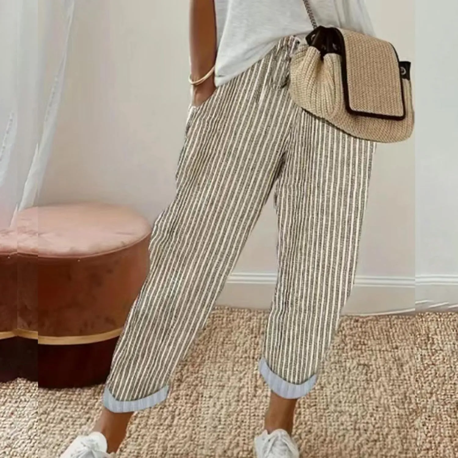 Cotton Linen Cropped Pants Women, Summer Flowy Drawstring 2025 High Waisted Trouser Business Wide Leg Outfits Slacks