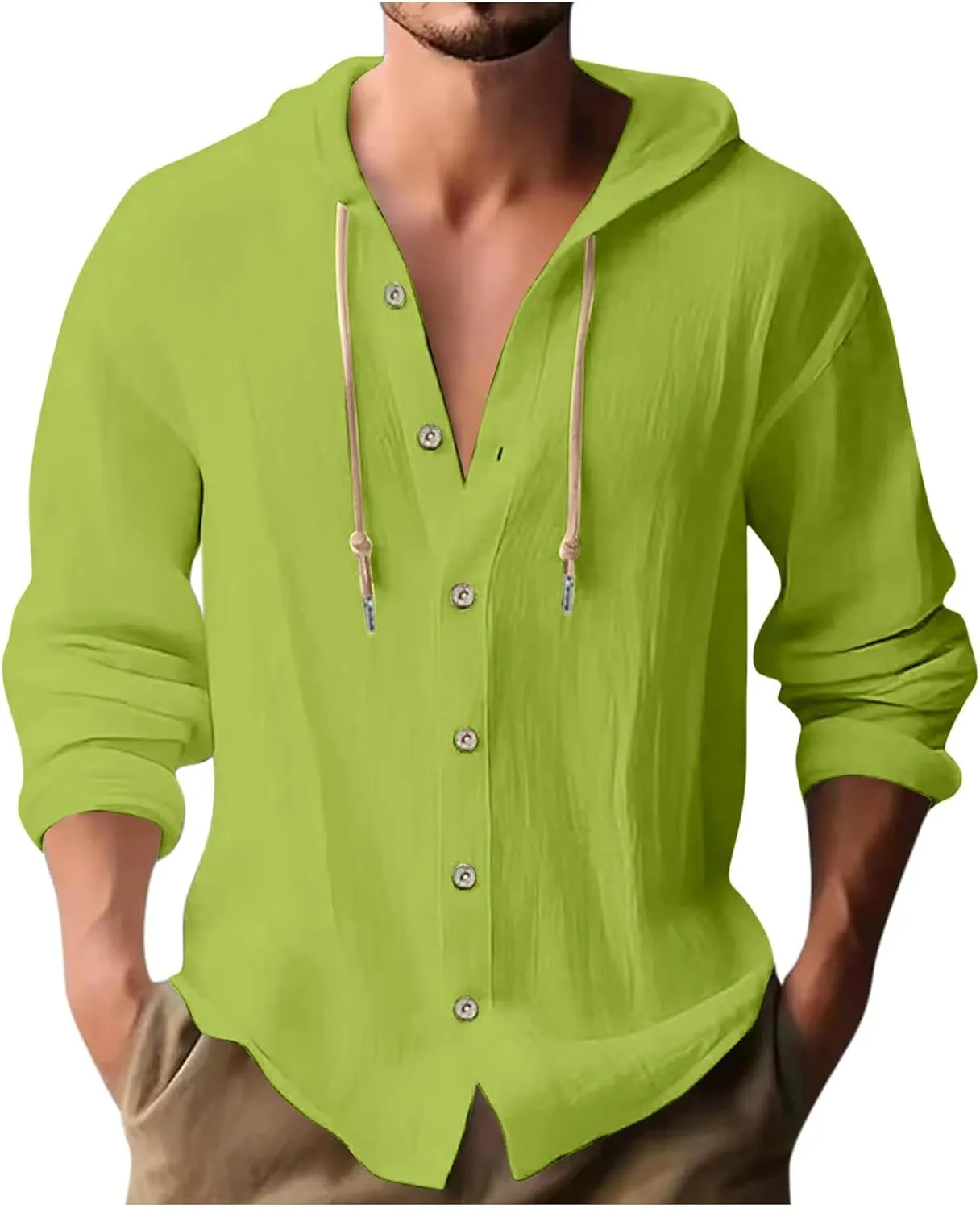 Cotton Linen Hoodie for Men Drawstring Hooded Button Down Beach Hippie Shirt Long Sleeve Button Spring Summer Shirts