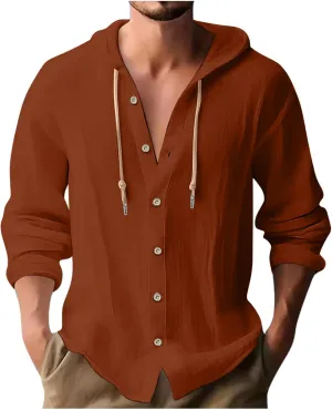 Cotton Linen Hoodie for Men Drawstring Hooded Button Down Beach Hippie Shirt Long Sleeve Button Spring Summer Shirts