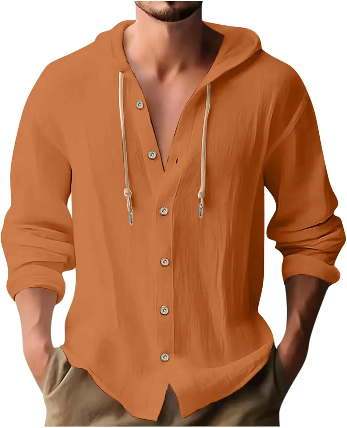 Cotton Linen Hoodie for Men Drawstring Hooded Button Down Beach Hippie Shirt Long Sleeve Button Spring Summer Shirts