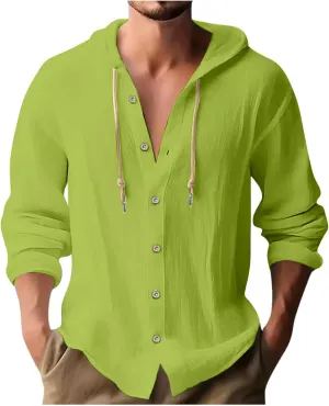 Cotton Linen Hoodie for Men Drawstring Hooded Button Down Beach Hippie Shirt Long Sleeve Button Spring Summer Shirts
