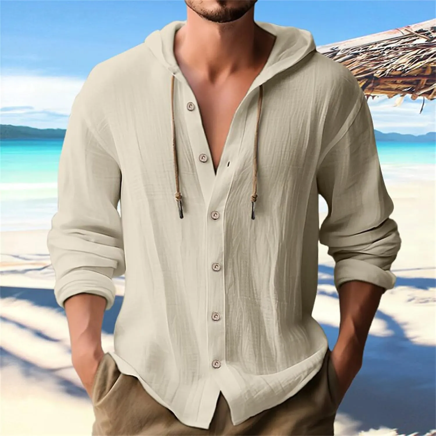 Cotton Linen Hoodie for Men Drawstring Hooded Button Down Beach Hippie Shirt Long Sleeve Button Spring Summer Shirts