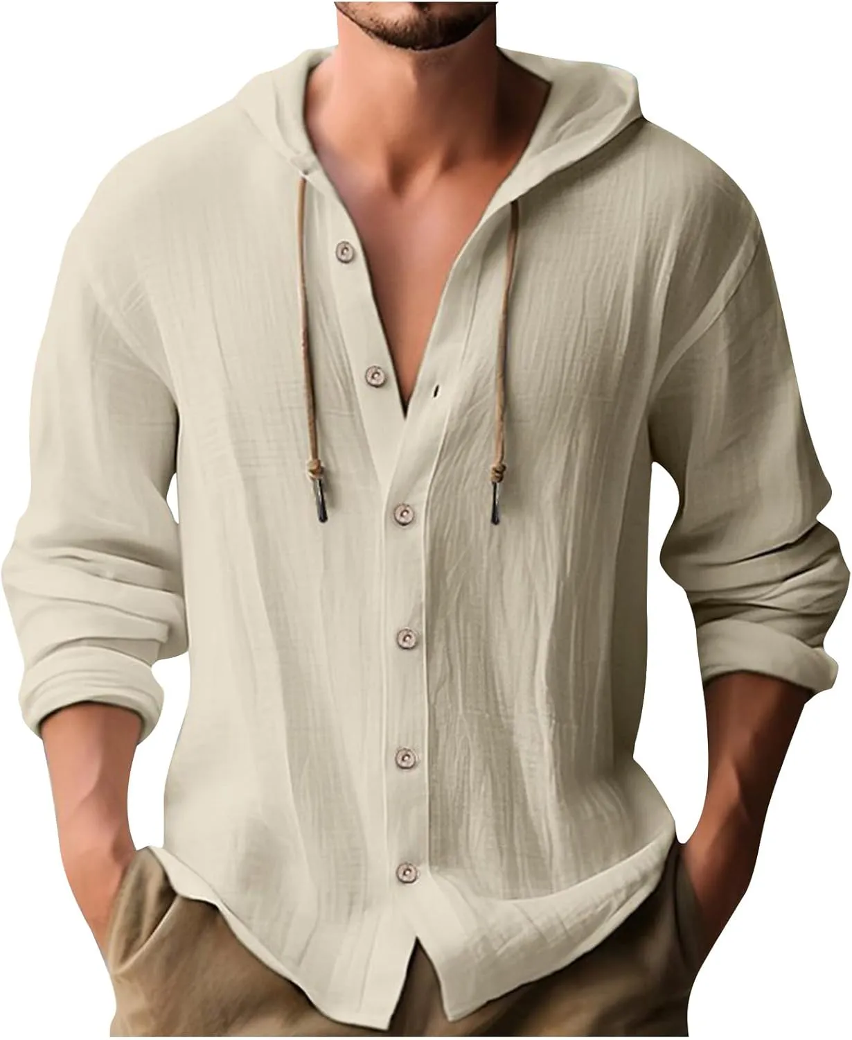 Cotton Linen Hoodie for Men Drawstring Hooded Button Down Beach Hippie Shirt Long Sleeve Button Spring Summer Shirts