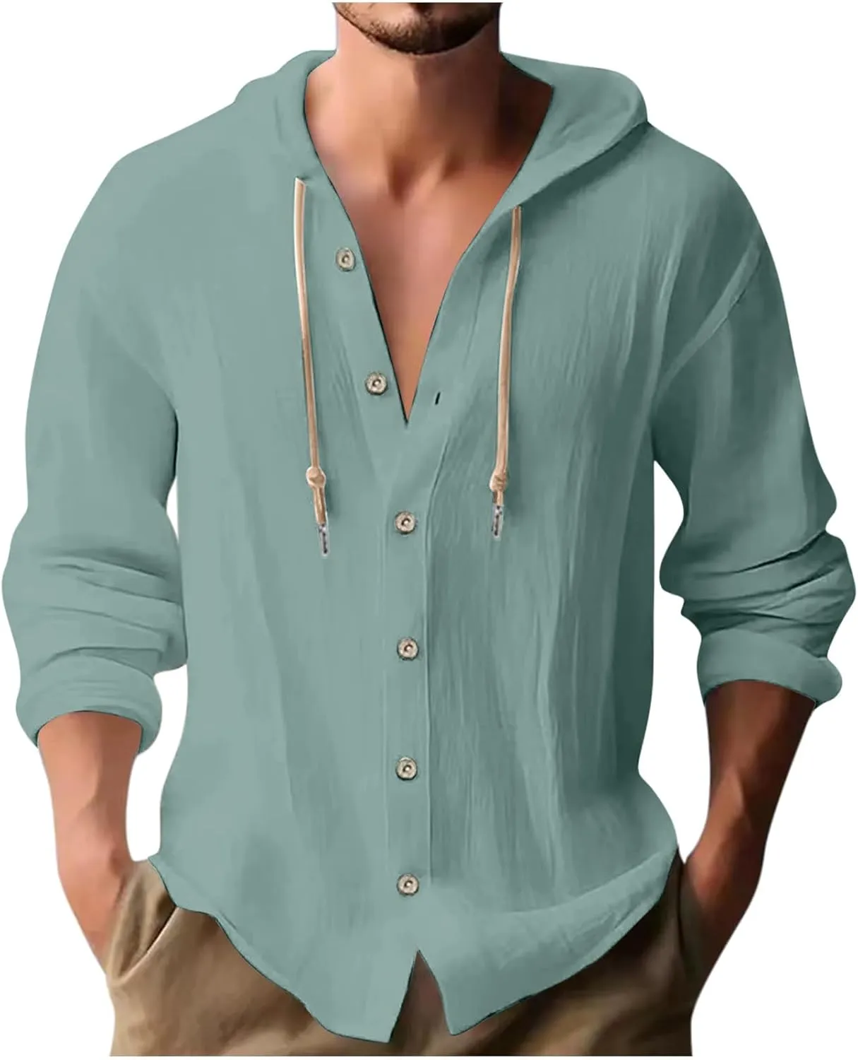 Cotton Linen Hoodie for Men Drawstring Hooded Button Down Beach Hippie Shirt Long Sleeve Button Spring Summer Shirts