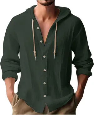 Cotton Linen Hoodie for Men Drawstring Hooded Button Down Beach Hippie Shirt Long Sleeve Button Spring Summer Shirts
