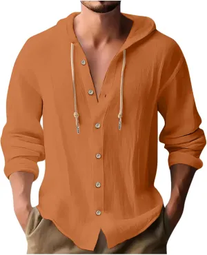 Cotton Linen Hoodie for Men Drawstring Hooded Button Down Beach Hippie Shirt Long Sleeve Button Spring Summer Shirts