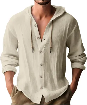 Cotton Linen Hoodie for Men Drawstring Hooded Button Down Beach Hippie Shirt Long Sleeve Button Spring Summer Shirts