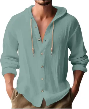 Cotton Linen Hoodie for Men Drawstring Hooded Button Down Beach Hippie Shirt Long Sleeve Button Spring Summer Shirts