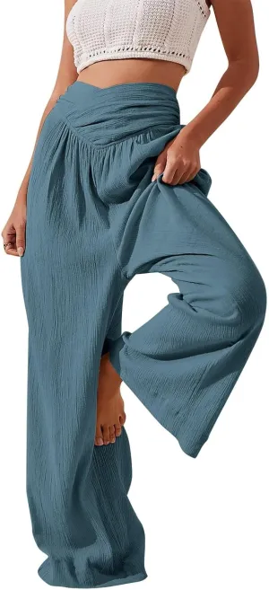 Cotton Linen Pants for Women 2025 Trendy Wide Leg Joggers Pants High Waist Drawstring Casual Loose Pant with Pockets