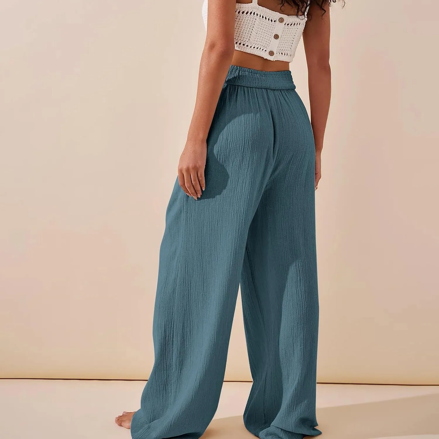 Cotton Linen Pants for Women 2025 Trendy Wide Leg Joggers Pants High Waist Drawstring Casual Loose Pant with Pockets
