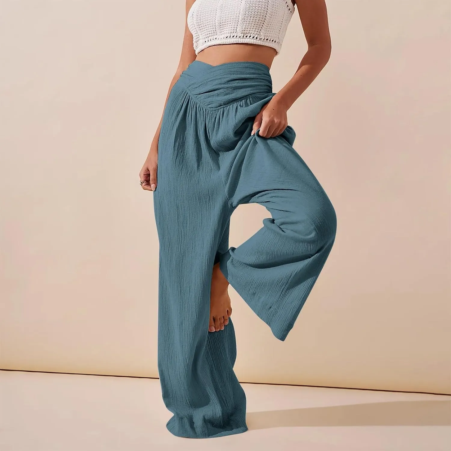 Cotton Linen Pants for Women 2025 Trendy Wide Leg Joggers Pants High Waist Drawstring Casual Loose Pant with Pockets