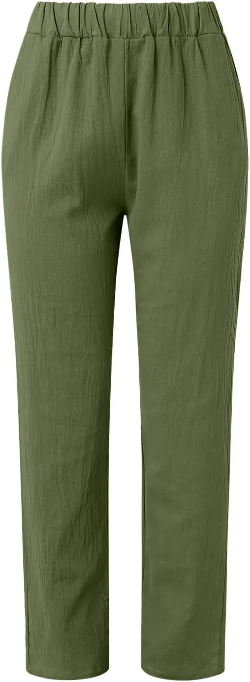 Cotton Linen Pants for Women Spring Summer Casual Floral Print Boho Beach Capris 2024 Lightweight Wide Leg High Waisted Pants
