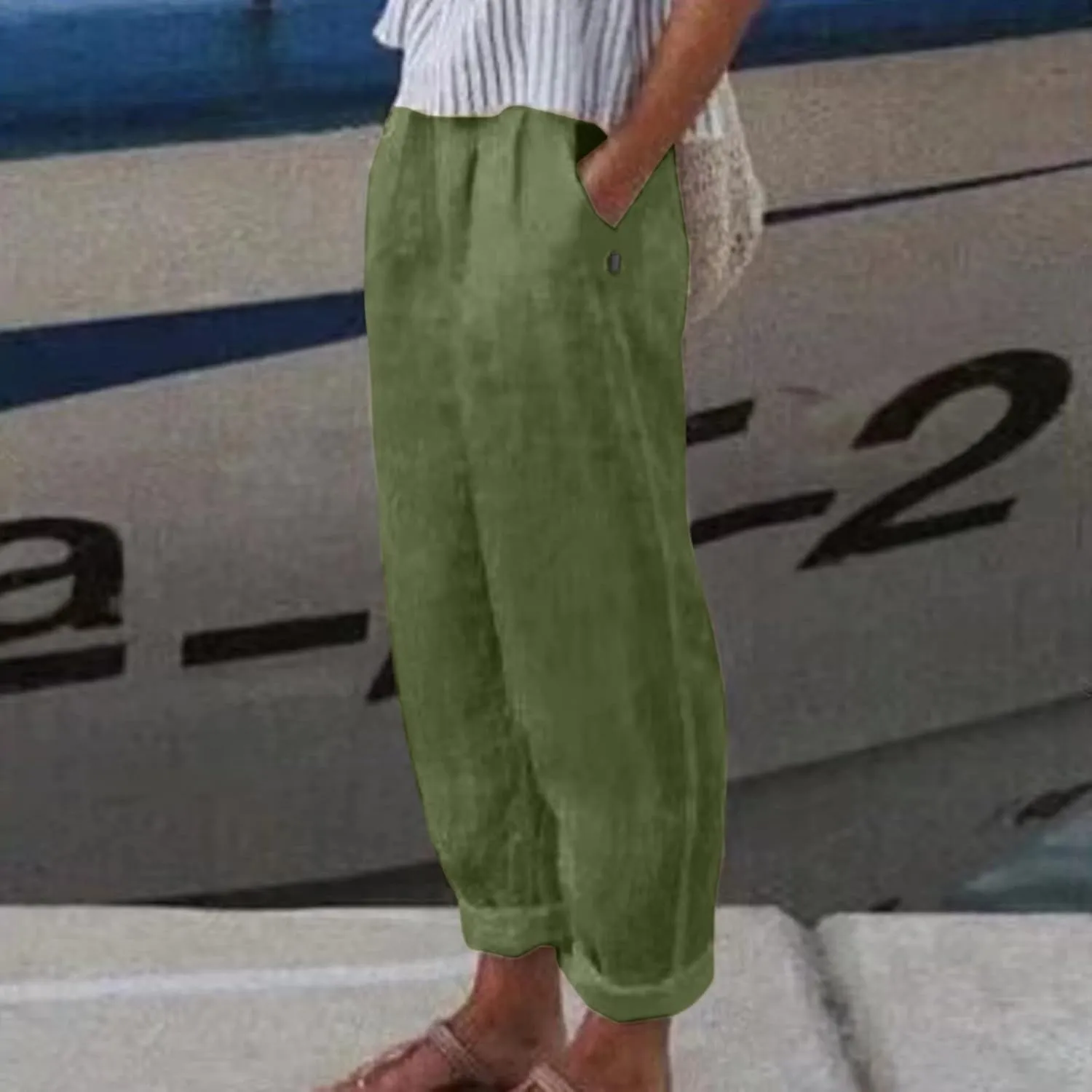 Cotton Linen Pants for Women Spring Summer Casual Floral Print Boho Beach Capris 2024 Lightweight Wide Leg High Waisted Pants