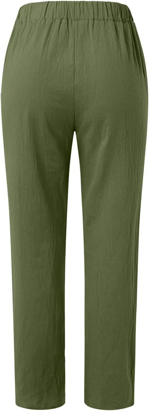 Cotton Linen Pants for Women Spring Summer Casual Floral Print Boho Beach Capris 2024 Lightweight Wide Leg High Waisted Pants