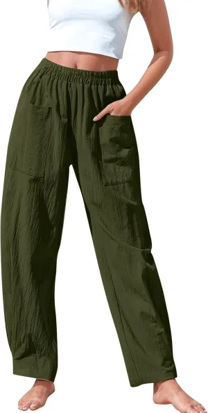 Cotton Linen Pants Women Wide Straight Leg High Rise Pull On Elastic Waisted Trousers with Pockets Loose Fit Vaction Pants