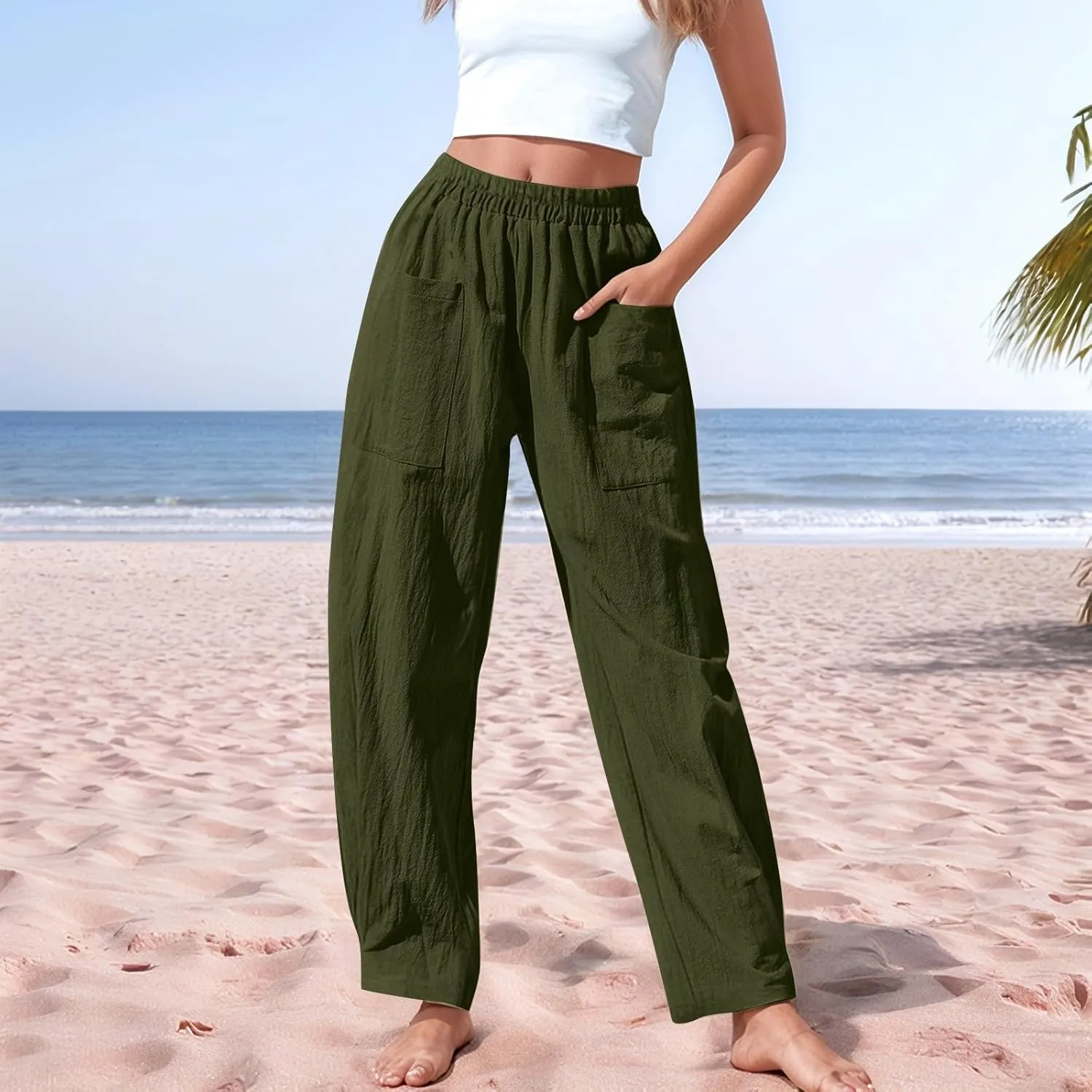 Cotton Linen Pants Women Wide Straight Leg High Rise Pull On Elastic Waisted Trousers with Pockets Loose Fit Vaction Pants