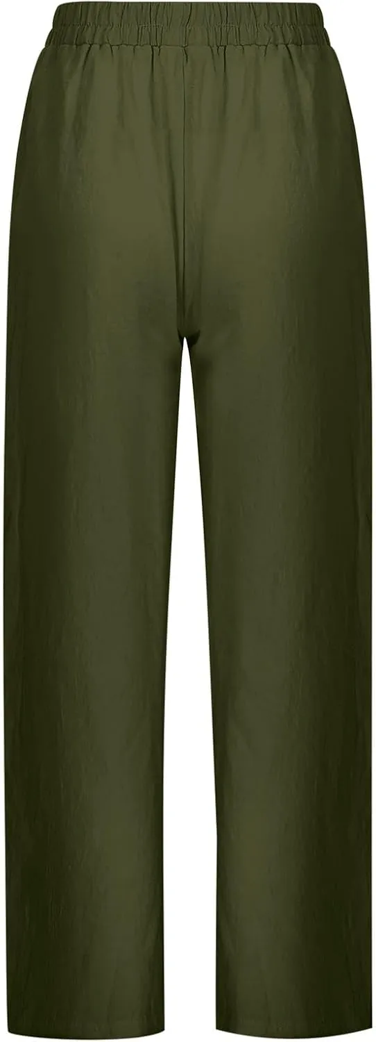 Cotton Linen Pants Women Wide Straight Leg High Rise Pull On Elastic Waisted Trousers with Pockets Loose Fit Vaction Pants
