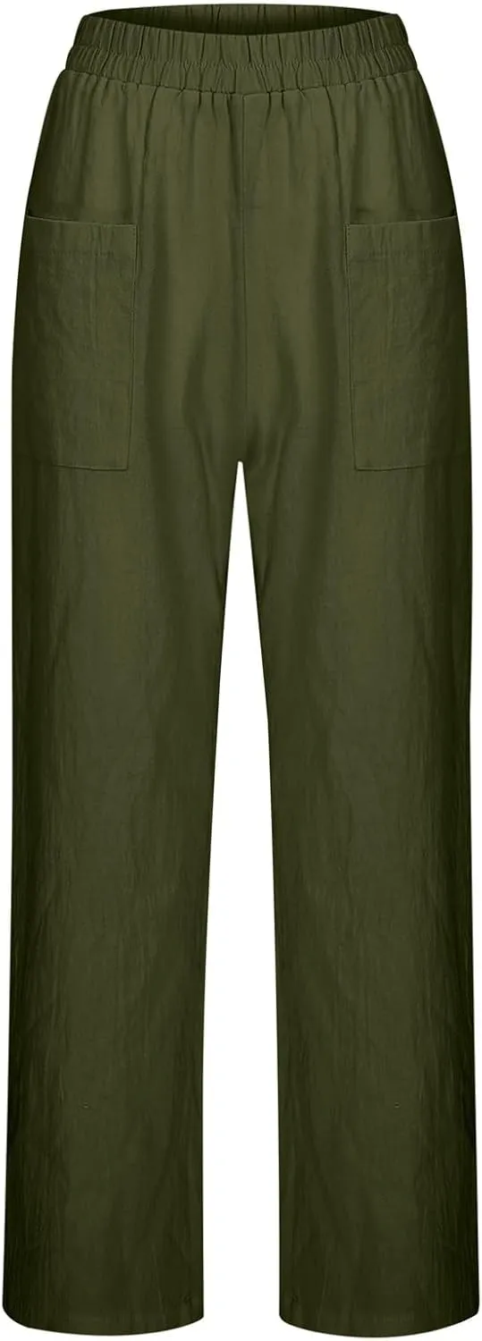 Cotton Linen Pants Women Wide Straight Leg High Rise Pull On Elastic Waisted Trousers with Pockets Loose Fit Vaction Pants