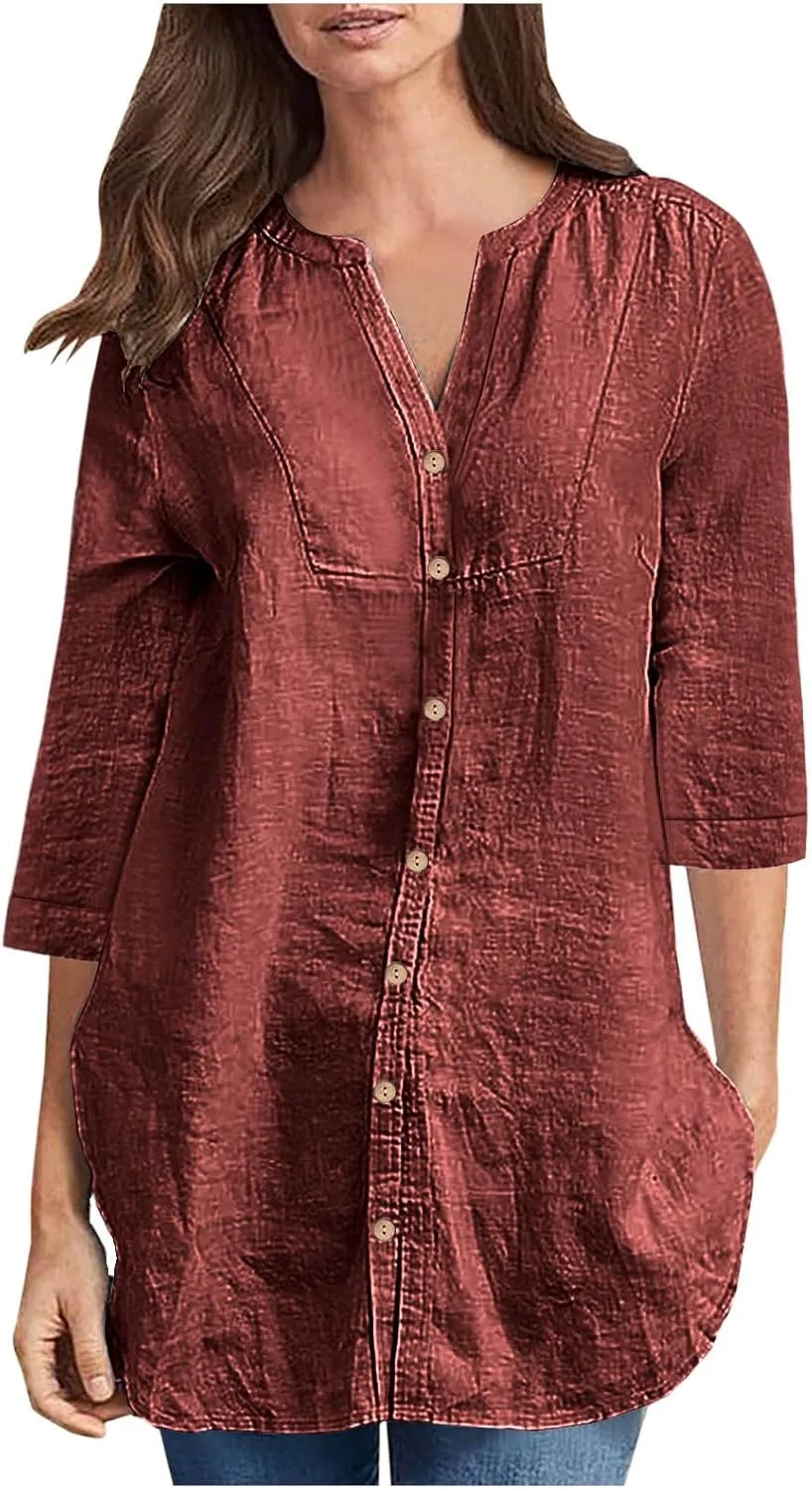 Cotton Linen Shirts for Women 2025 Buttons V Neck Long Sleeve Tops Summer Spring Tops Swimsuit Coverups Blouse Tees