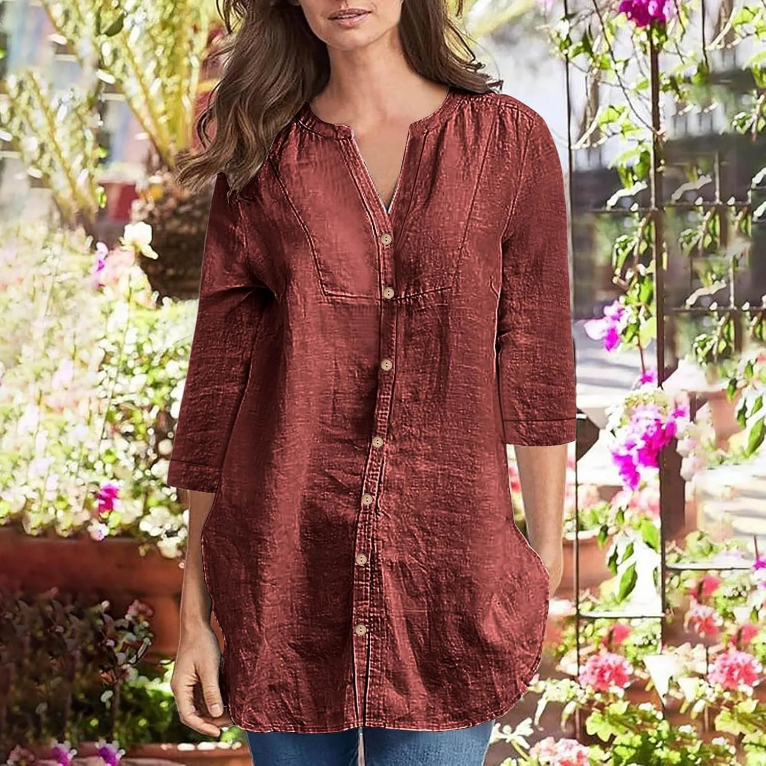 Cotton Linen Shirts for Women 2025 Buttons V Neck Long Sleeve Tops Summer Spring Tops Swimsuit Coverups Blouse Tees