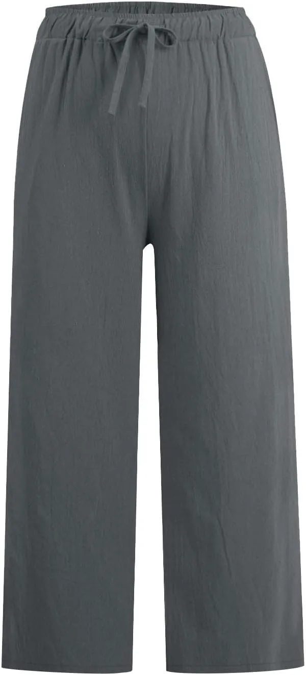 Cropped Linen Pants Women Casual High Waisted Wide Leg Lounge Pant 2025 Loose Lightweight Cotton Capris with Pockets