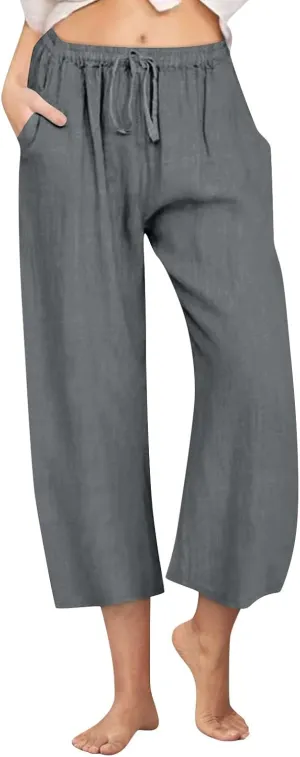Cropped Linen Pants Women Casual High Waisted Wide Leg Lounge Pant 2025 Loose Lightweight Cotton Capris with Pockets