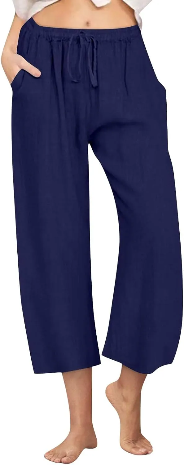 Cropped Linen Pants Women Casual High Waisted Wide Leg Lounge Pant 2025 Loose Lightweight Cotton Capris with Pockets