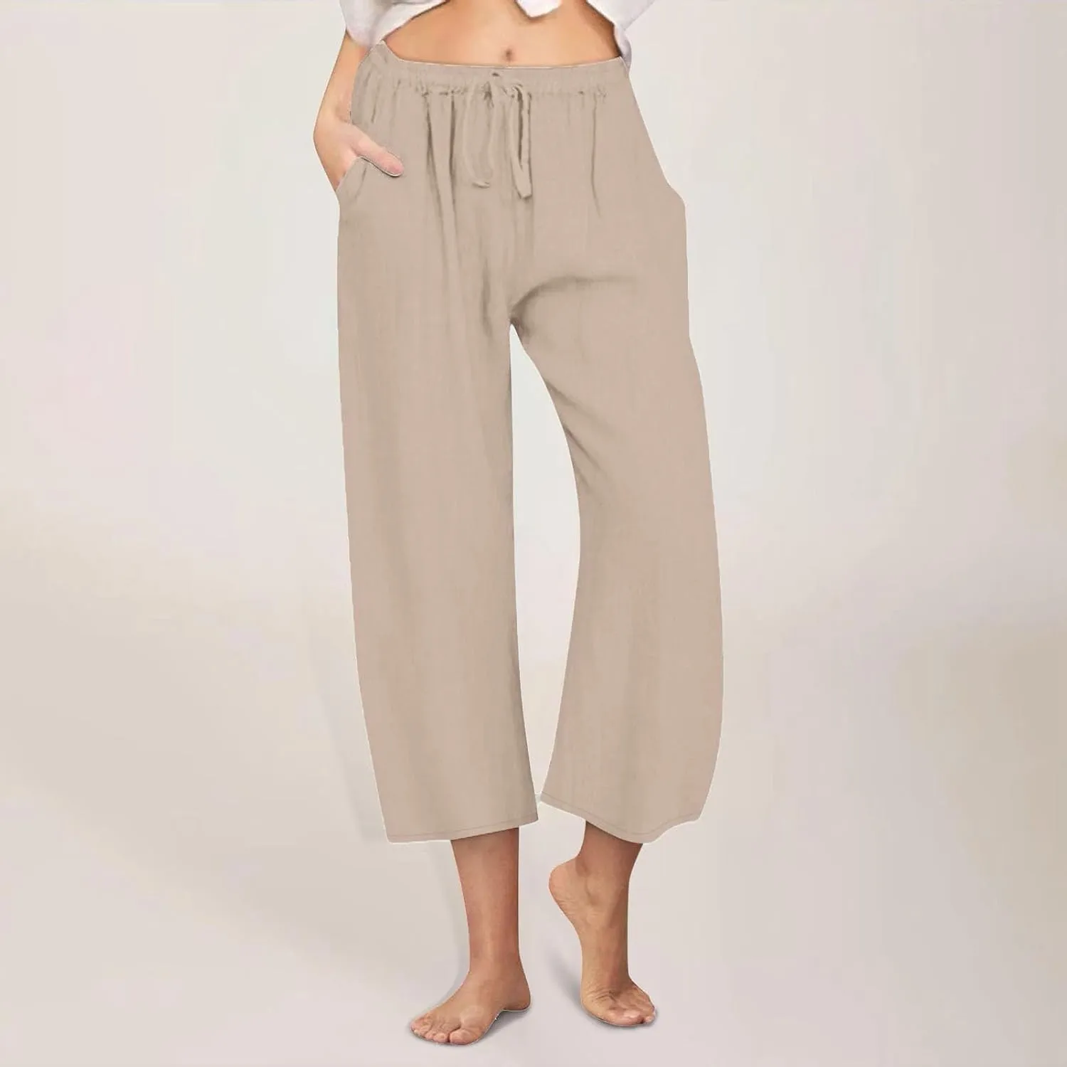 Cropped Linen Pants Women Casual High Waisted Wide Leg Lounge Pant 2025 Loose Lightweight Cotton Capris with Pockets