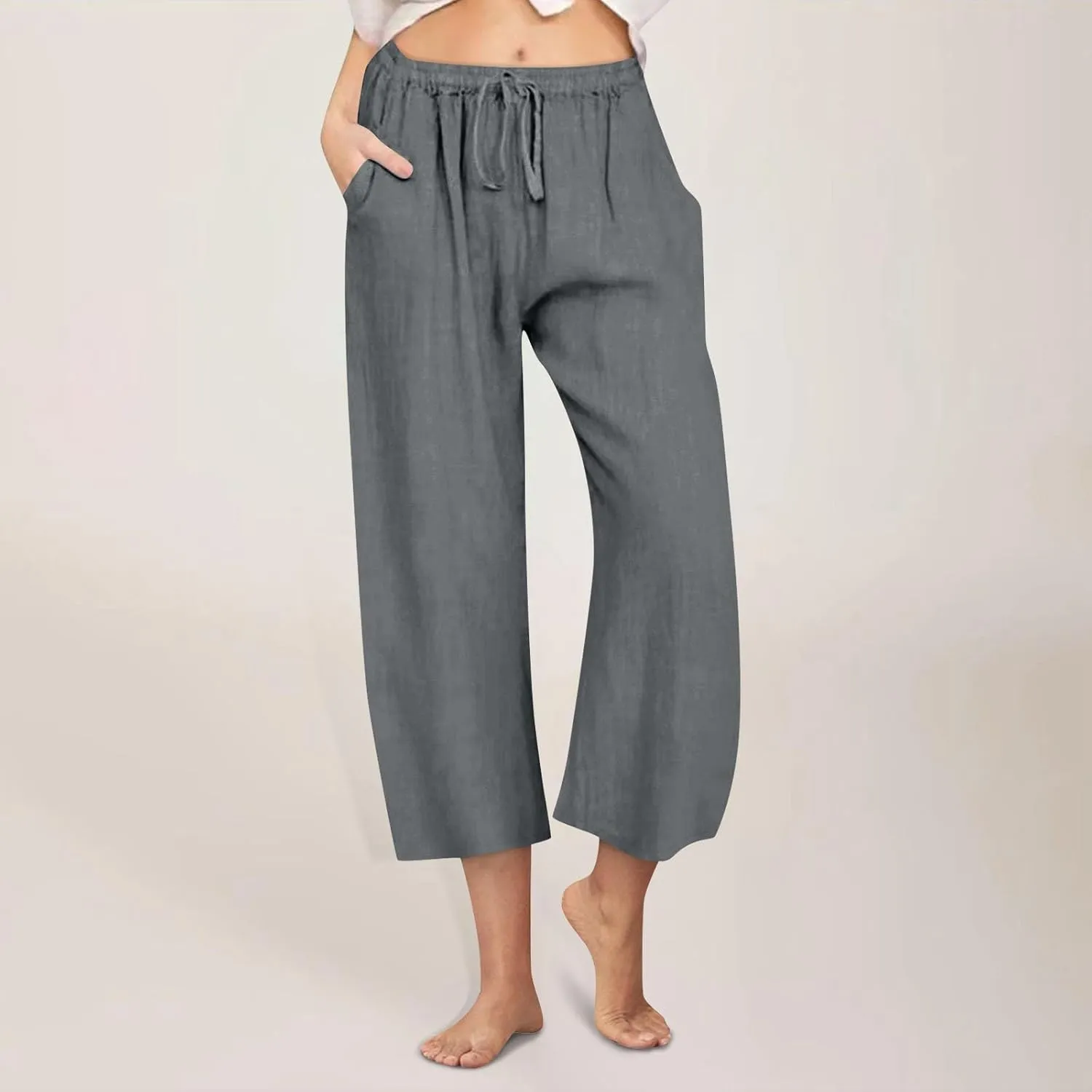 Cropped Linen Pants Women Casual High Waisted Wide Leg Lounge Pant 2025 Loose Lightweight Cotton Capris with Pockets