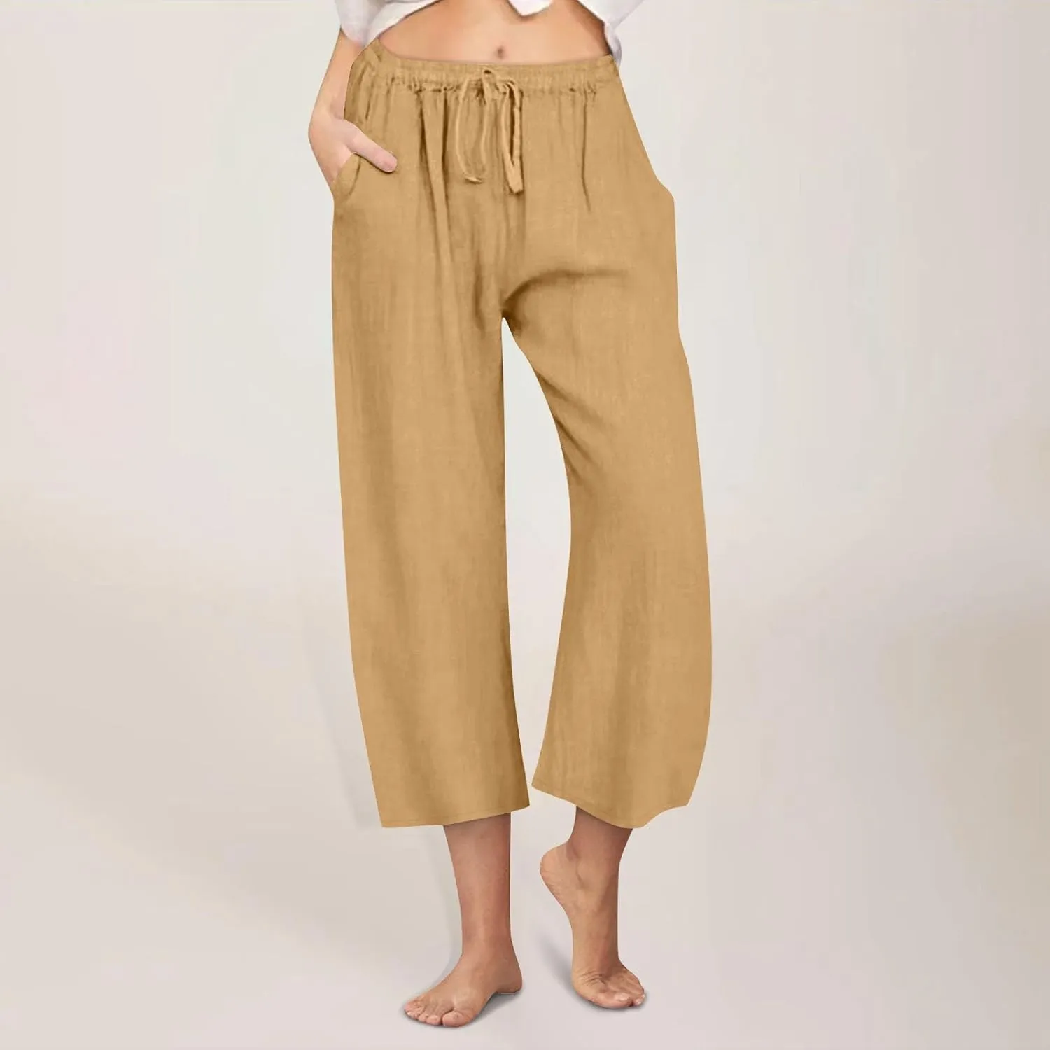 Cropped Linen Pants Women Casual High Waisted Wide Leg Lounge Pant 2025 Loose Lightweight Cotton Capris with Pockets