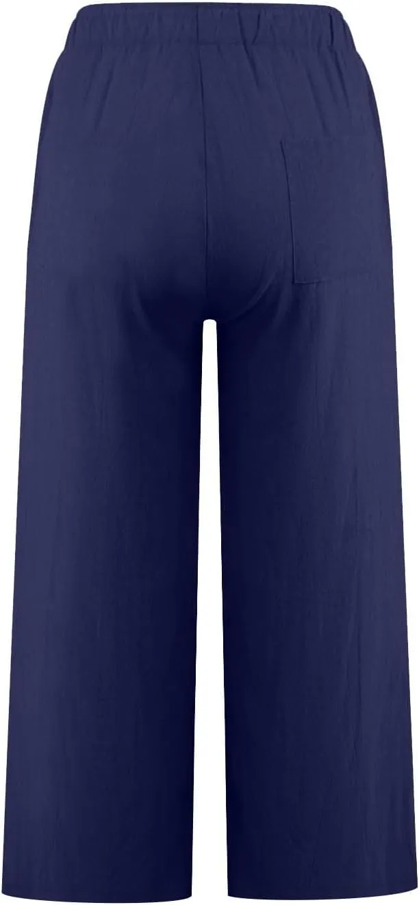 Cropped Linen Pants Women Casual High Waisted Wide Leg Lounge Pant 2025 Loose Lightweight Cotton Capris with Pockets