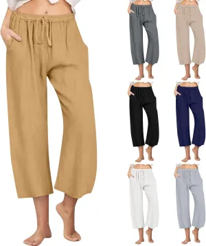 Cropped Linen Pants Women Casual High Waisted Wide Leg Lounge Pant 2025 Loose Lightweight Cotton Capris with Pockets
