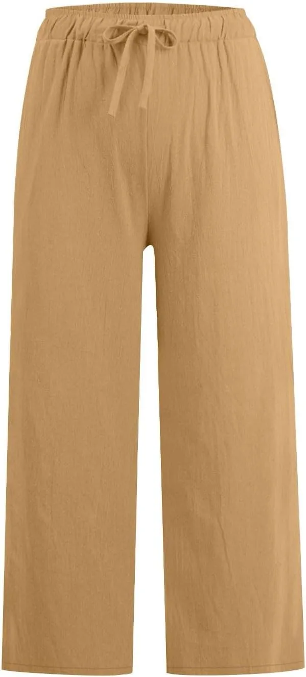 Cropped Linen Pants Women Casual High Waisted Wide Leg Lounge Pant 2025 Loose Lightweight Cotton Capris with Pockets