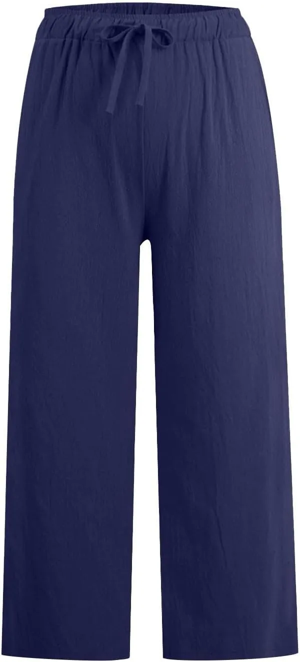 Cropped Linen Pants Women Casual High Waisted Wide Leg Lounge Pant 2025 Loose Lightweight Cotton Capris with Pockets