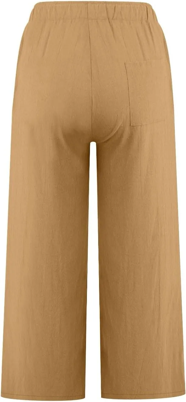 Cropped Linen Pants Women Casual High Waisted Wide Leg Lounge Pant 2025 Loose Lightweight Cotton Capris with Pockets