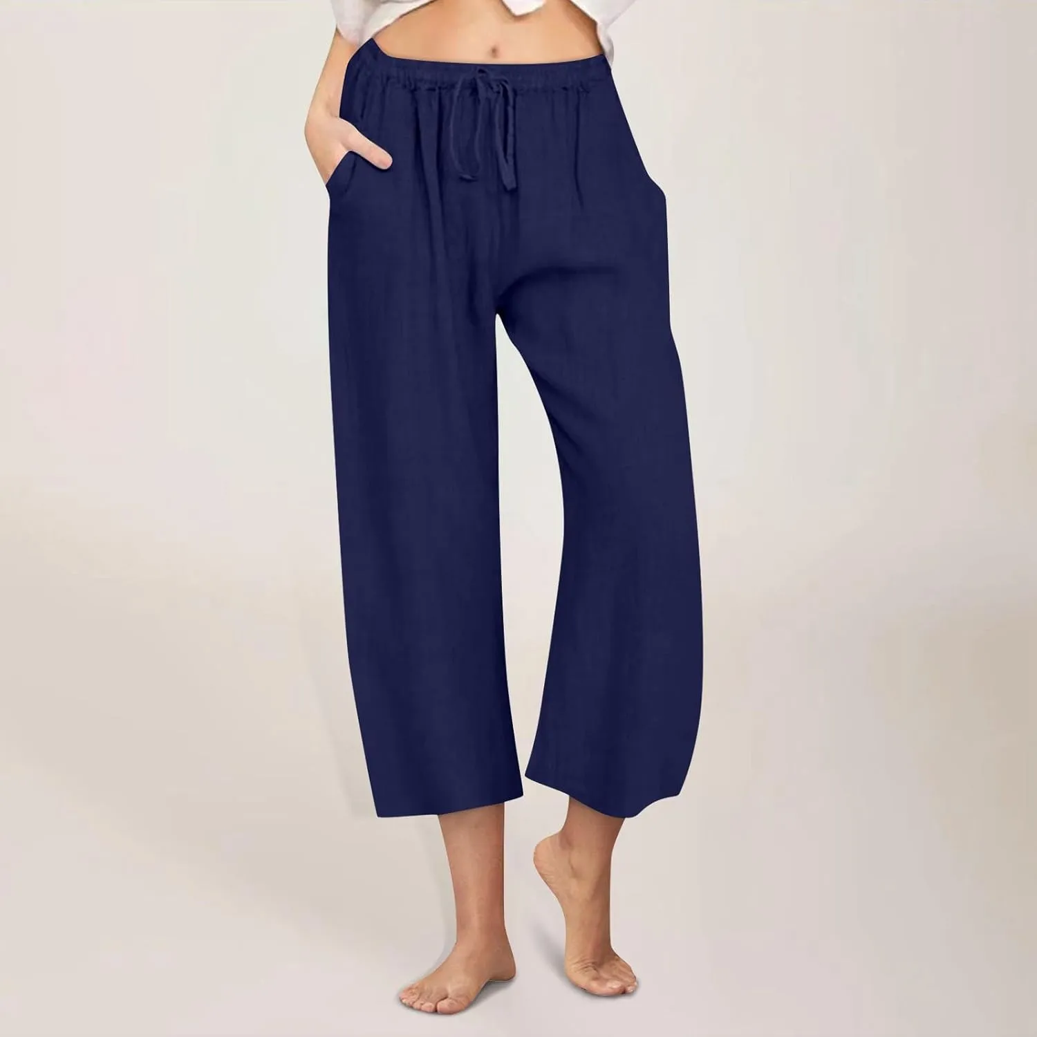 Cropped Linen Pants Women Casual High Waisted Wide Leg Lounge Pant 2025 Loose Lightweight Cotton Capris with Pockets