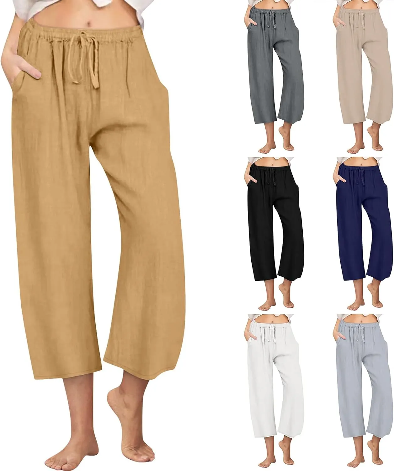 Cropped Linen Pants Women Casual High Waisted Wide Leg Lounge Pant 2025 Loose Lightweight Cotton Capris with Pockets